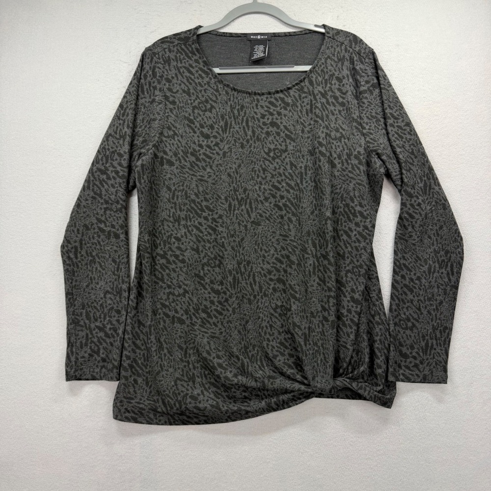 Max &‎ Mia Front Twist Top Womens XL Grey Animal Leopard Long Sleeve Crew Knot